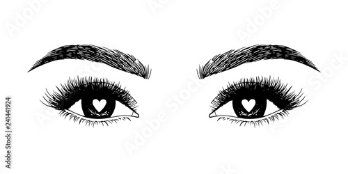 Woman eyes with hearts. Hand drawn vector illustration. Eyelashes and eyebrows. Сoncept of eyelash extensions, microblading, mascara, beauty salon. Black eyes. Beauty and Fashion. Valentine's Day.