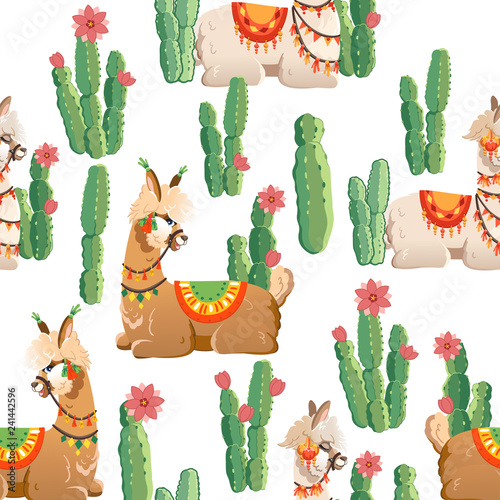 Illustration with alpaca and cactus plants. Vector seamless pattern on white background. Llama.