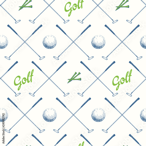 Seamless golf pattern with putter. Vector set of hand-drawn sports equipment. Illustration in sketch style on white background.