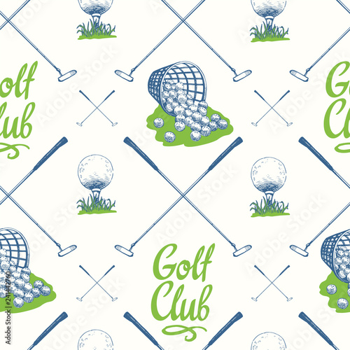 Seamless golf pattern with busket and ball. Vector set of hand-drawn sports equipment. Illustration in sketch style on white background.