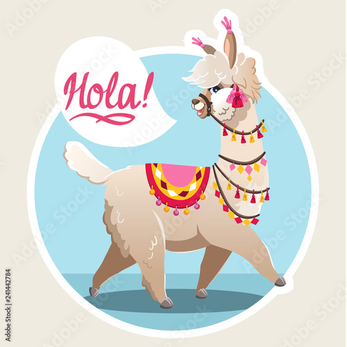 Illustration with llama and cactus plants. Vector seamless pattern on blue background. Greeting card with Alpaca.