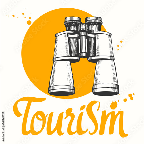 Travel vector illustration with binoculars in sketch style on white background. Brush calligraphy elements for your design. Handwritten ink lettering.