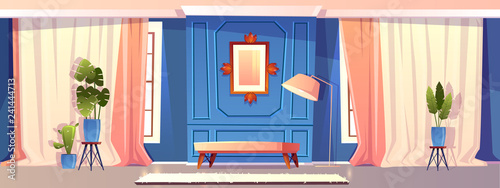 Vector cartoon illustration of luxury living room in blue colors, moldings with picture. Rich ballroom with sofa, couch. Expensive interior with curtains and furniture in baroque or rococo style.