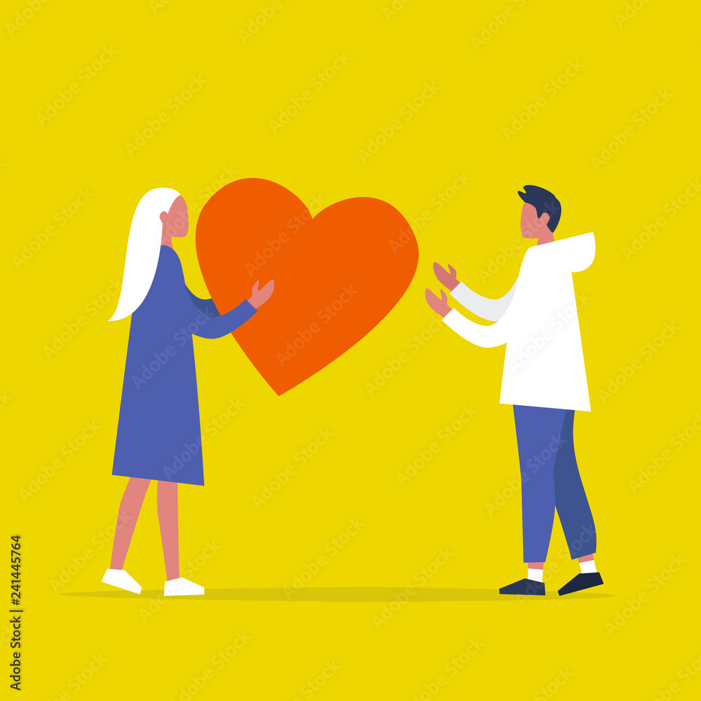 Saint Valentines Day. One young character sending a big red heart to another. Relationships. Love. Romance. Emotions. Flat editable vector illustration, clip art