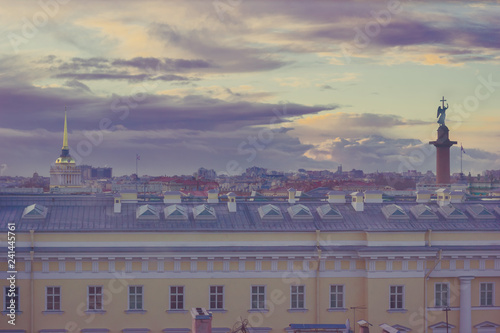 Panoramic sunset view of the center of St. Petersburg, the Alexander Column and the spire of the Admiralty bird's-eye photo