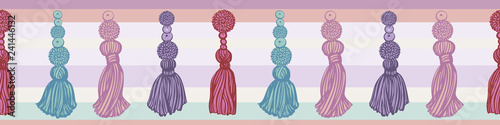 Vector decorative tassels, pearls and ropes. Horizontal seamless repeat border patterns. Great for handmade cards, invitations, wallpapers, packaging, nursery designs.
