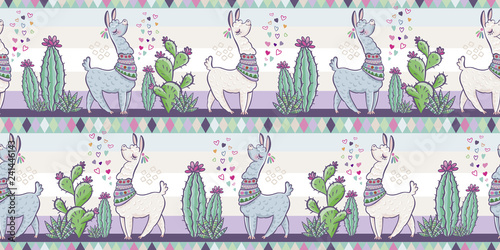 Creative animal print. Seamless vector pattern with llamas, cactus and hearts. Trendy textile design for shirts, dresses, bags and rugs. Hawaiian collection. On a white background