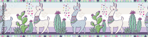 Creative animal print. Seamless vector pattern with llamas, cactus and hearts. Trendy textile design for shirts, dresses, bags and rugs. Hawaiian collection. On a white background