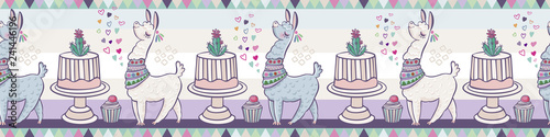 Creative animal print. Seamless vector pattern with llamas, cake and hearts. Trendy textile design for shirts, dresses, bags and rugs. Hawaiian collection. On a white background
