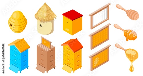 Vector Beehives Apiary set of objects of the beekeeper on a white background isolated object stock illustration: frame, beehive, honey, stick, wax