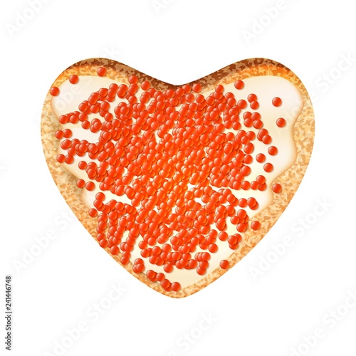 Sandwich with caviar in the shape of a heart on a white background. Vector illustration of a toast with salmon caviar.