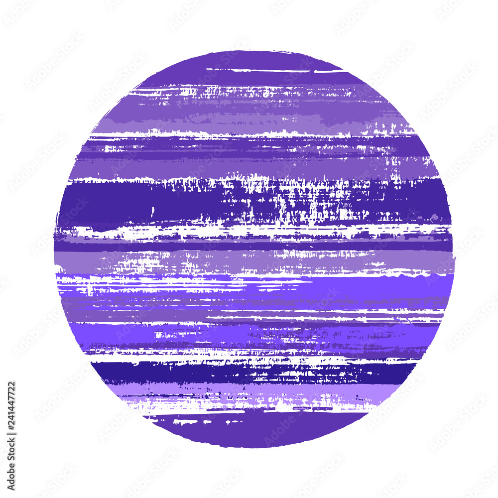 Hipster circle vector geometric shape with stripes texture of ink horizontal lines. Planet concept with old paint texture. Label round shape circle logo element with grunge stripes background.