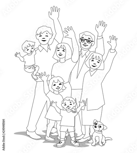 Vector illustration of happy big family waving.