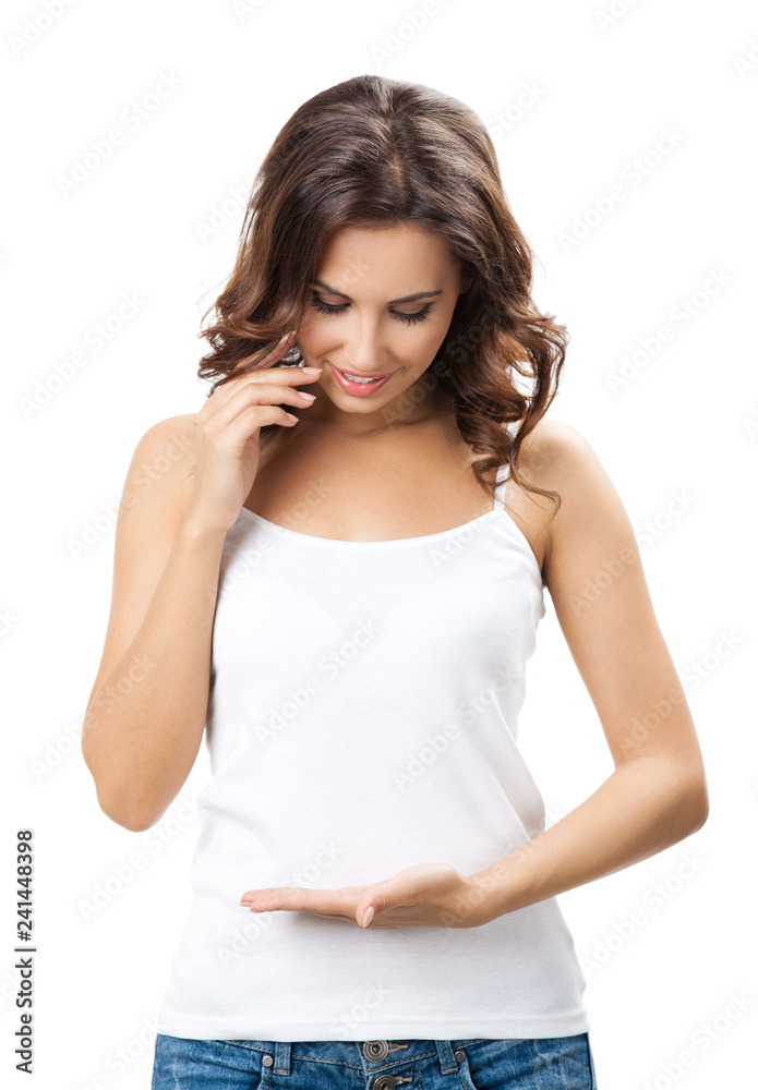 Beautiful young woman showing something Beautiful young woman showing something