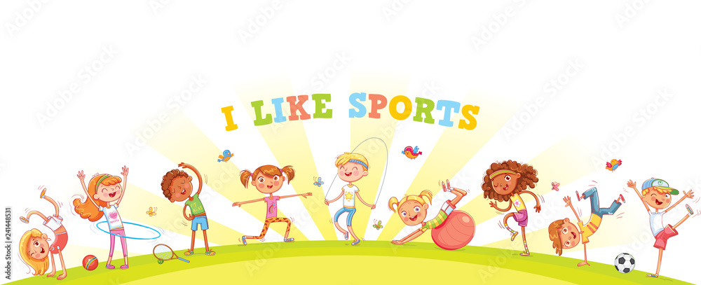 Children are engaged in different kinds of sports on nature background