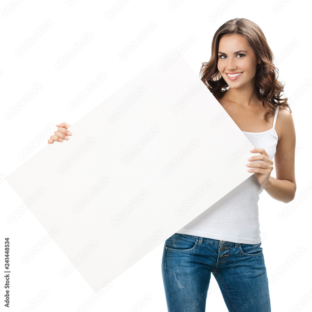 Beautiful young woman showing blank signboard Beautiful young woman showing blank signboard