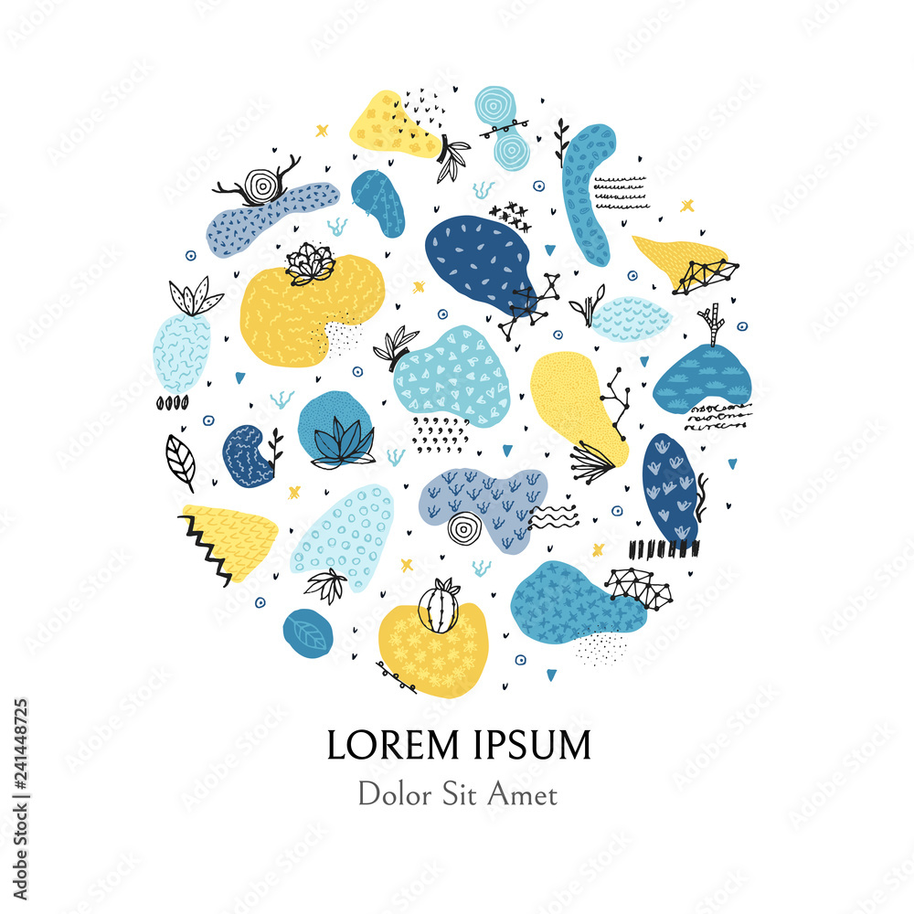 Fototapeta premium Circle includes hand drawn abstract shapes with different textures, spots and decorative elements. Freehand style. Doodle. It can be used for cover, card, label, poster, print on clothes, mug. Vector