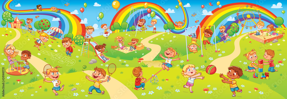 Naklejka premium Children playing in playground. Seamless children's panorama for your design