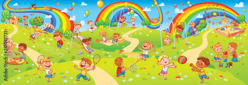 Children playing in playground. Seamless children's panorama for your design