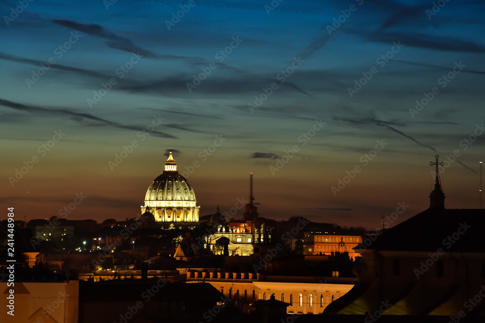 Sunset in Rome. Dome of St. Peter's Basilica. Picture taken from The Altare della Patria. Rome, Italy