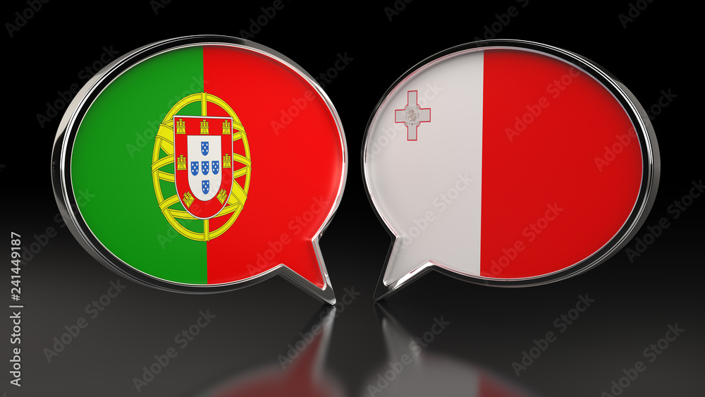 Obraz premium Portugal and Malta flags with Speech Bubbles. 3D illustration
