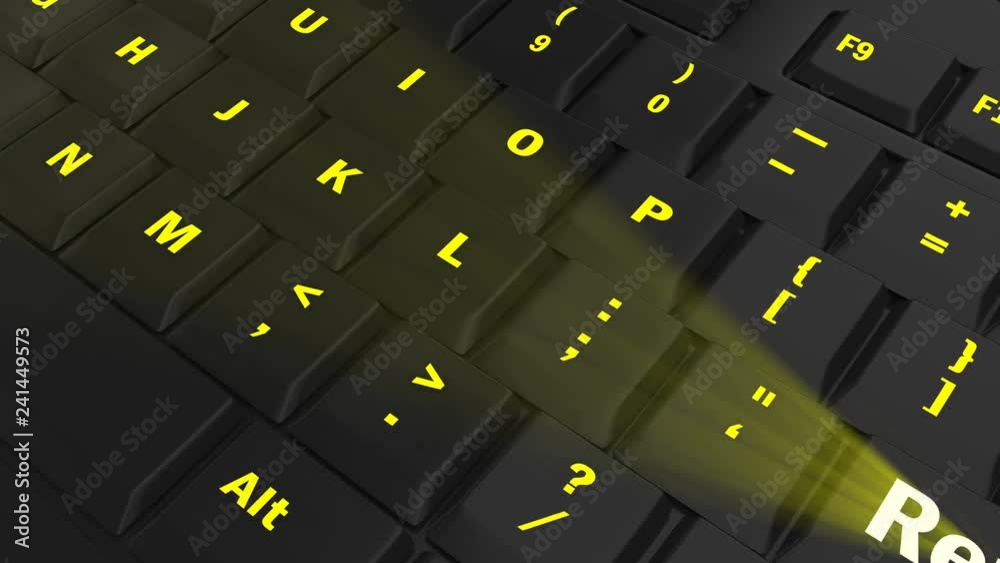 pointing the camera on yellow glowing Return key on black computer keyboard pointing the camera on yellow glowing Return key on black computer keyboard