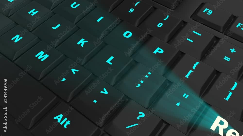 pointing the camera on blue glowing Return key on black computer keyboard pointing the camera on blue glowing Return key on black computer keyboard