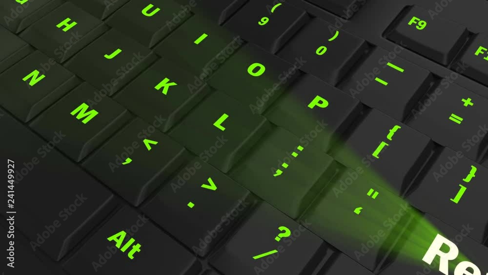 pointing the camera on green glowing Return key on black computer keyboard pointing the camera on green glowing Return key on black computer keyboard