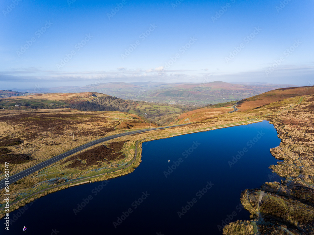 Aerial view of Blue pond Brecon Beacons. Keepers Pond, The Blorenge, Abergavenny, Wales, United Kingdom