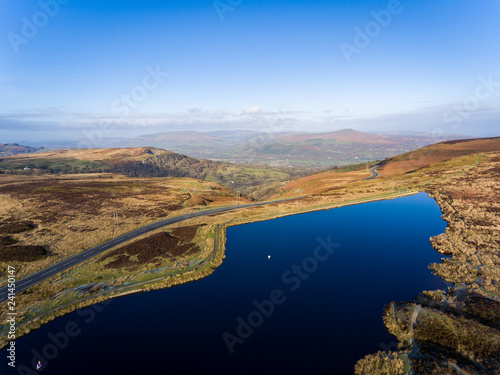 Aerial view of Blue pond Brecon Beacons. Keepers Pond, The Blorenge, Abergavenny, Wales, United Kingdom