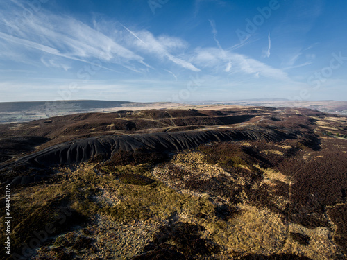 Aerial view of coal slag waste in Brecaon Beacons, Bleanavon, Wales UK photo