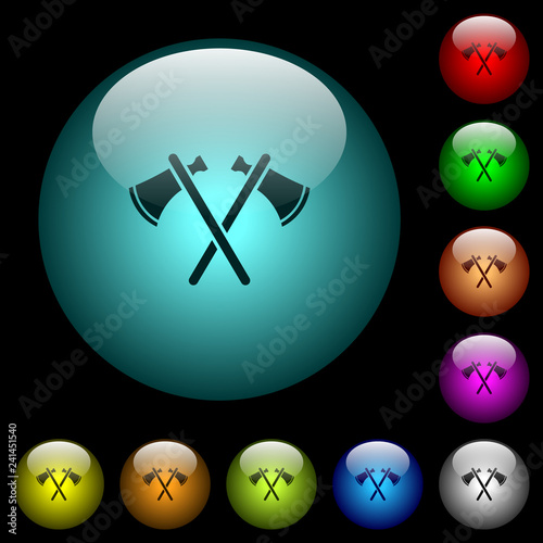 Two tomahawks icons in color illuminated glass buttons
