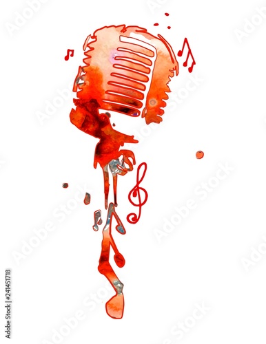 Watercolor microphone with notes. Vector illustration.