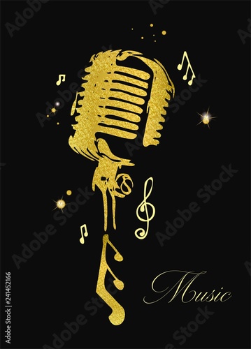 Golden glitter microphone with notes. Vector illustration.