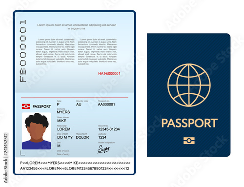 Opened international passport template with blue cover, personal data page with man photo, official document, vector illustration photo