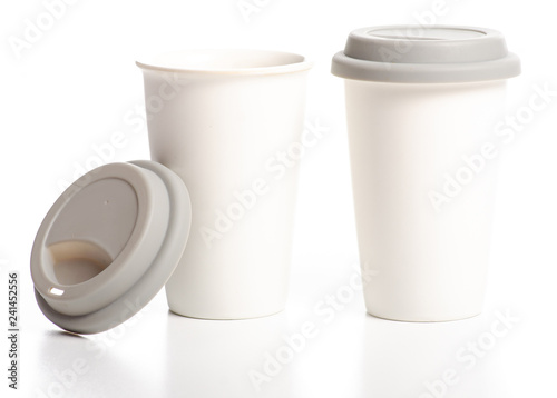 Two white cups mug with gray lid on white background isolation