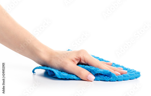 The blue rag cloth in hand on white background isolation