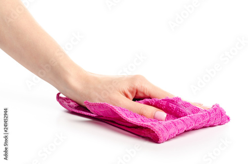 The pink rag cloth in hand on white background isolation