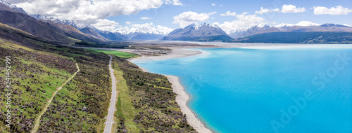 Mount Cook Road and Pukaki Lake, drone aereo view, New Zealand, South Island, NZ