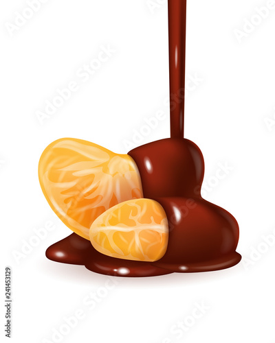 Tangerine slices in chocolate sauce flowing