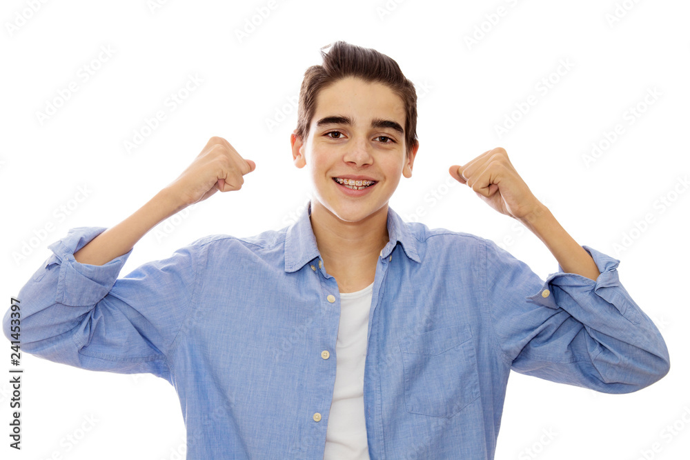 young with braces celebrating the isolated success in white young with braces celebrating the isolated success in white
