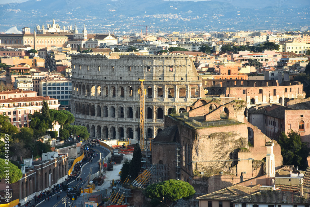 View of Rome from The Altar of the Fatherland (Altare della Patria). The Colosseum in the Center of the picture.
