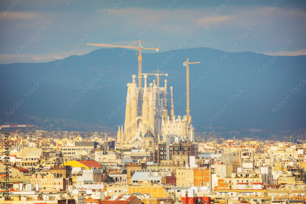 Aerial overview with Sagrada Familia on a sunny day