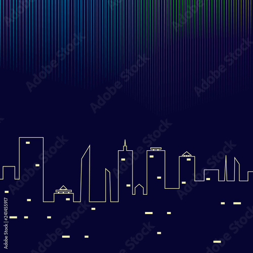 Northern lights over night city buildings. Vector illustration.