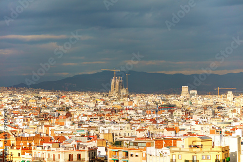 Aerial overview with Sagrada Familia on a sunny day