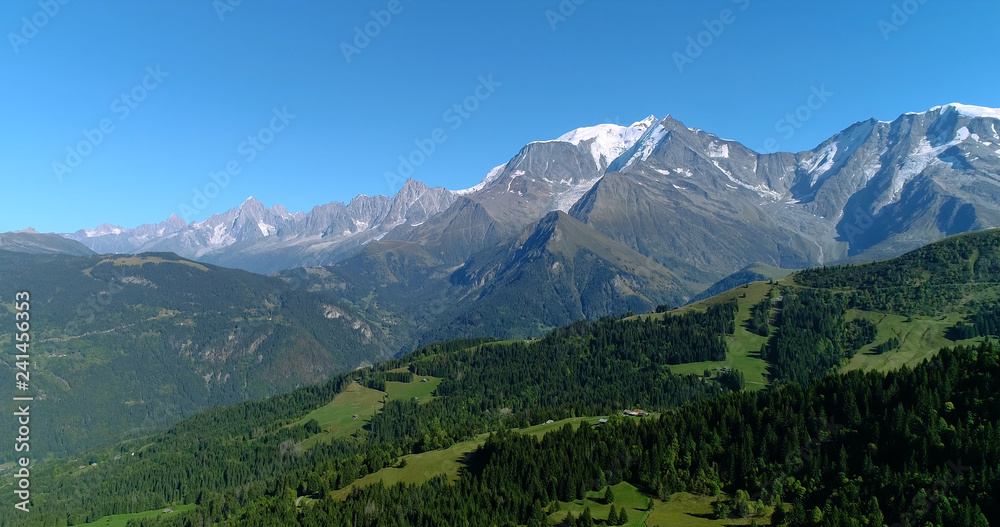 Obraz premium Mountain range of the Alps, with the peak of Mont Blanc, aerial view France