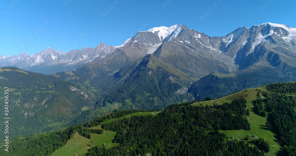 Mountain range of the Alps, with the peak of Mont Blanc, aerial view France