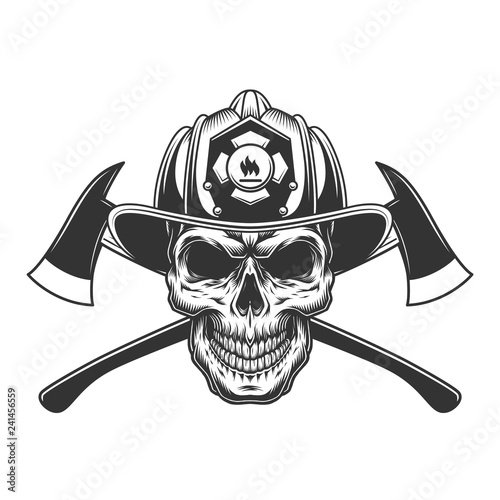 Vintage fireman skull in firefighter helmet