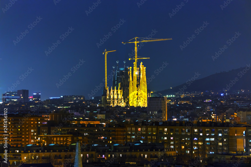 Aerial overview with Sagrada Familia at night time