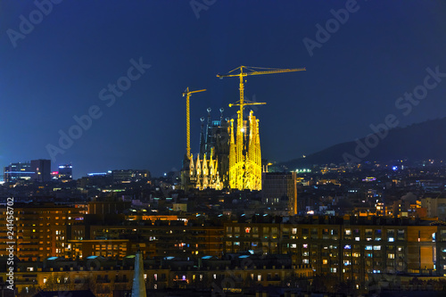 Aerial overview with Sagrada Familia at night time © andreykr